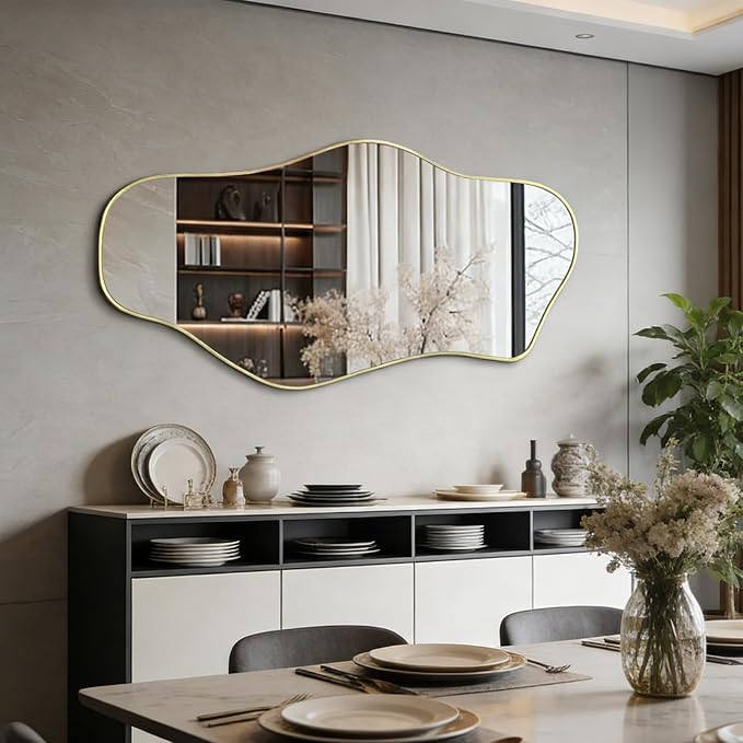 Large Irregular Mirror, 63"x30" Asymmetrical Tempered Glass Mirror Full Length, Gold Organic Frameless Wall Mirrors for Entryway Hallway Bedroom Living Room, Horizontal or Vertical Hanging
