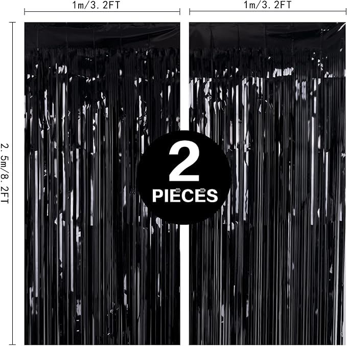 2 Pack 3.2ft x 8.2ft Black Tinsel Foil Fringe Curtains, Metallic Foil Tinsel Photo Booth Backdrop Streamer for New Years Decorations Halloween Bachelorette Birthday Holiday Celebration Party Supplies