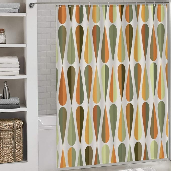 Mid Century Modern Shower Curtain,Retro Abstract Geometric Drop Shapes Art Style Shower Curtains Set for Bathroom Fabric Decorative Bath Curtain Washable Curtain Hooks, 72x72”