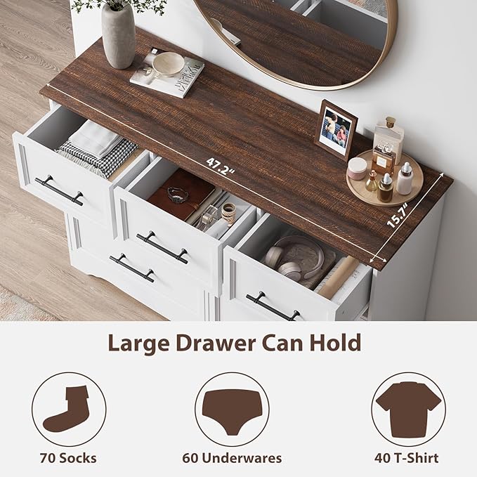 White Dresser for Bedroom, Modern 7 Chest of Drawers, 47" Wide Chest of Drawers w/Brushed Metal Handle, Wood Closet Organizers and Storage Cabinet for Bedroom, Living Room, Hallway