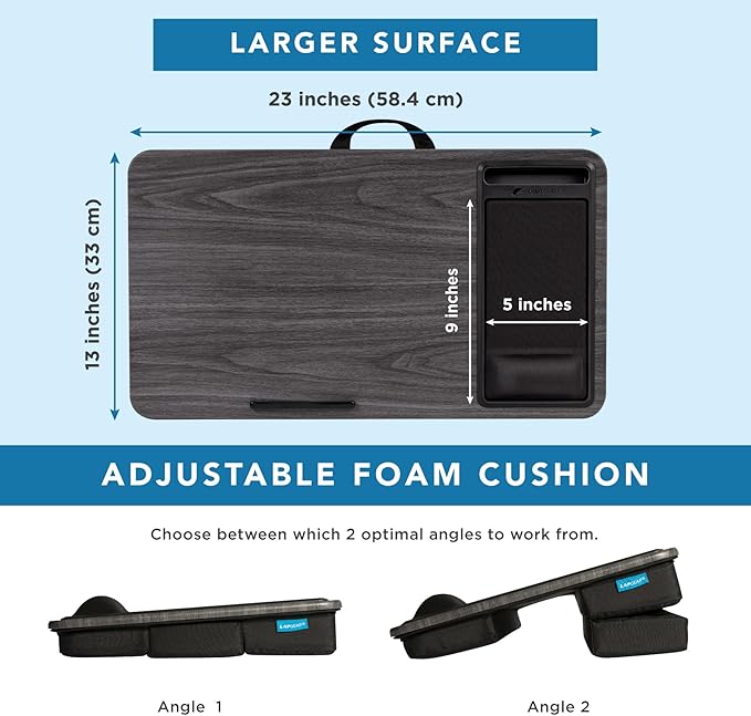 LAPGEAR Extra Large Adjustable Lap Desk – Fits Laptops up to 17.3”, Adjustable Cushion, Memory Foam Wrist Rest, Mouse Pad, Device Ledge, & Phone Slot – Gray Woodgrain - Style No. 88105