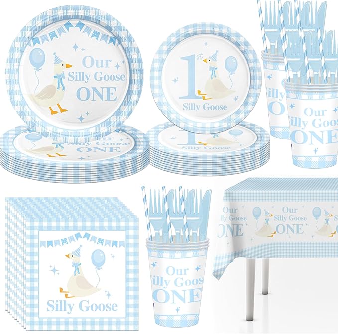 141pcs Blue One Silly Goose Birthday Decorations 1st Birthday Party for Girls Goose Theme Blue Gingham Plates Napkins Forks Knives Straws Tablecloth Cups,Suitable for 20 Guests