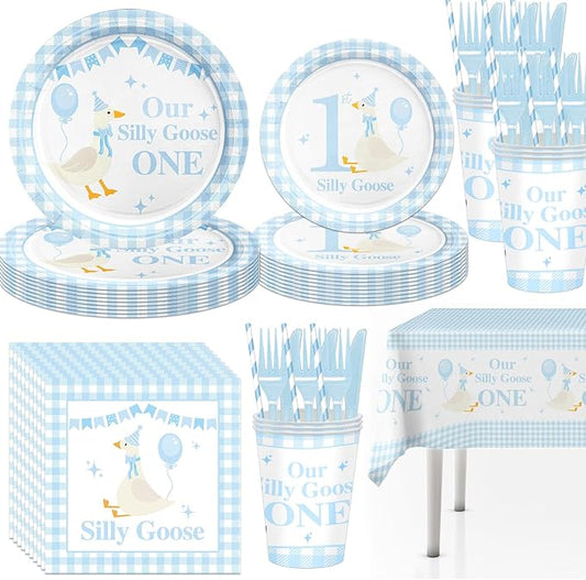 141pcs Blue One Silly Goose Birthday Decorations 1st Birthday Party for Girls Goose Theme Blue Gingham Plates Napkins Forks Knives Straws Tablecloth Cups,Suitable for 20 Guests
