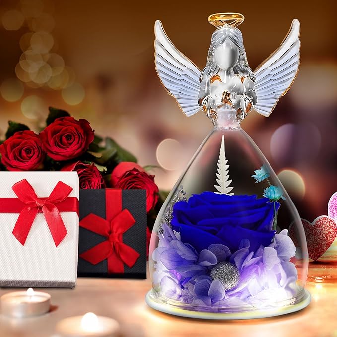Lurlin Birthday Flowers for Women: Preserved Rose Gift for Mom, Grandma, Wife, Friend, Nurse; Glass Angel Figurines with LED Light