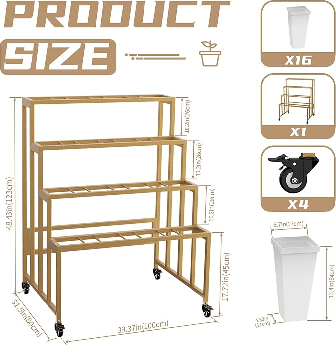 Flower Display Stand with 16 Buckets, 4 Layers Flower Bar, Gold Metal Plant Stand with Wheels, Heavy Duty Flower Cart for Indoor Outdoor Patio Garden Wedding Florist, Gold Metal Frame