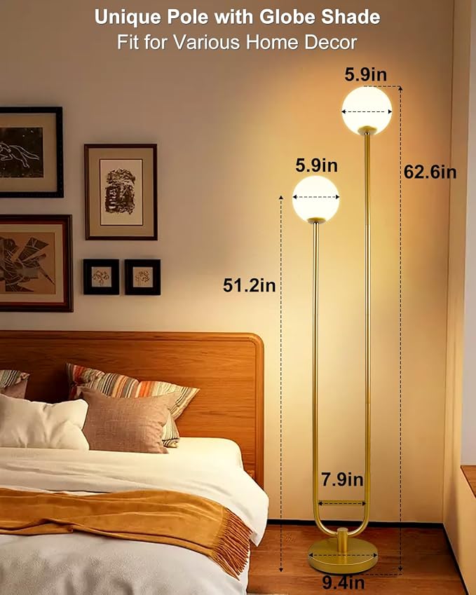 63IN Dimmable Floor Lamp with Shelf, Unique Globe Gold Tall Standing Lamps with 2 Bulbs, 3000K Warmwhite Mid Century Modern Floor Lamp with 5Lbs Heavy Base for Living Room/Bedroom
