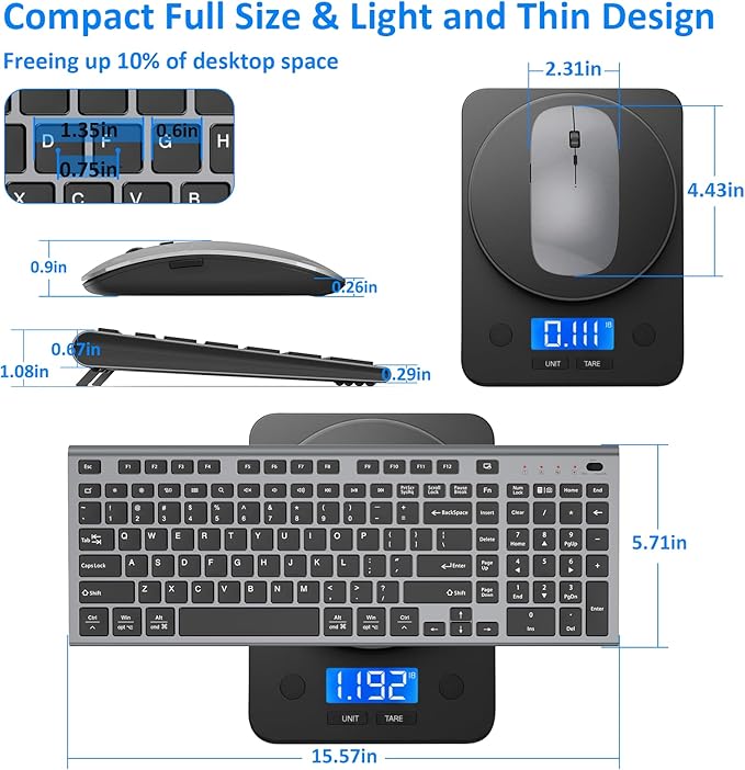 Wireless Keyboard and Mouse, GALENMORO Silent Quiet Combo Low Profile USB C Full Size Compact with Number Pad Flat Soft Touch Cordless for Mac Computer PC Laptop MacBook iMac Office - Black and Gray