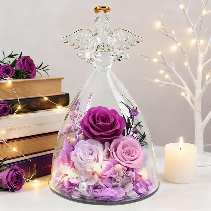 Christmas Rose Gifts for Women, 7" Purple Preserved Roses Flowers in Glass Angel Figurine, Birthday Gift for Mom Wife Grandma, Eternal Rose for Mothers Day Valentines Anniversary