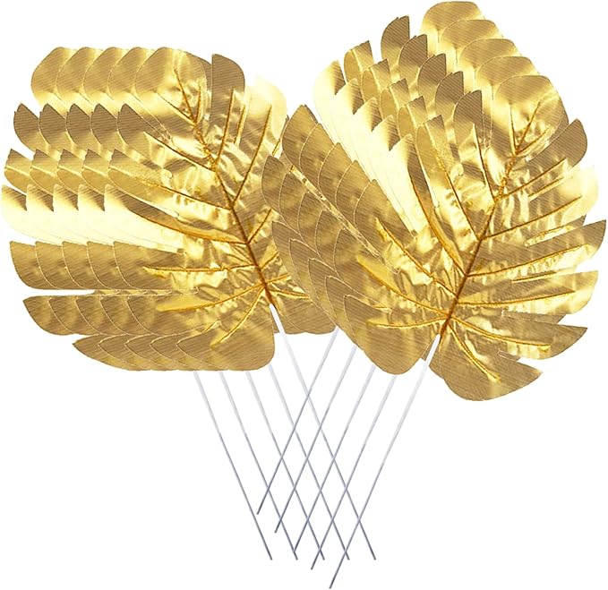 CCINEE 24PCS Golden Artificial Palm Leaves, Faux Monstera Leaves Simulation Safari Leaves with Stems for Home Hawaiian Luau Party Jungle Beach Theme Party Decoration
