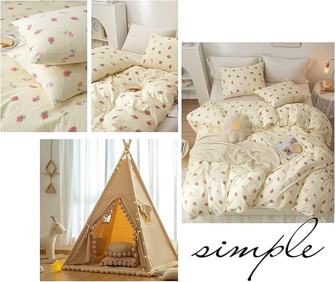 Kawaii Kids Strawberry Bedding Sets - Twin Duvet Cover & 2 Pillowcases, Soft 100% Cotton Comforter, Cream White