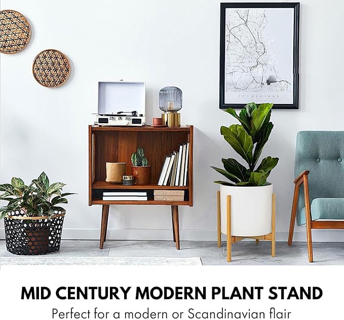 Fox & Fern Large Adjustable Plant Stand Indoor — 11 to 15 Inch Premium Mid Century Bamboo Plant Stand; Plug In Design; Easy Assembly; Two Heights - For 11, 12, 13, 14 & 15 Inch Pots (Not Included)