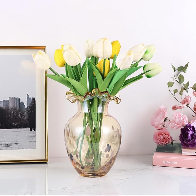 Hand Blown Amber Glass vase, Unique Glass Wide Mouth vase for Console Office TV Stand Coffee Table entryway Entrance Desktop Living Room Dining Table Centerpiece.