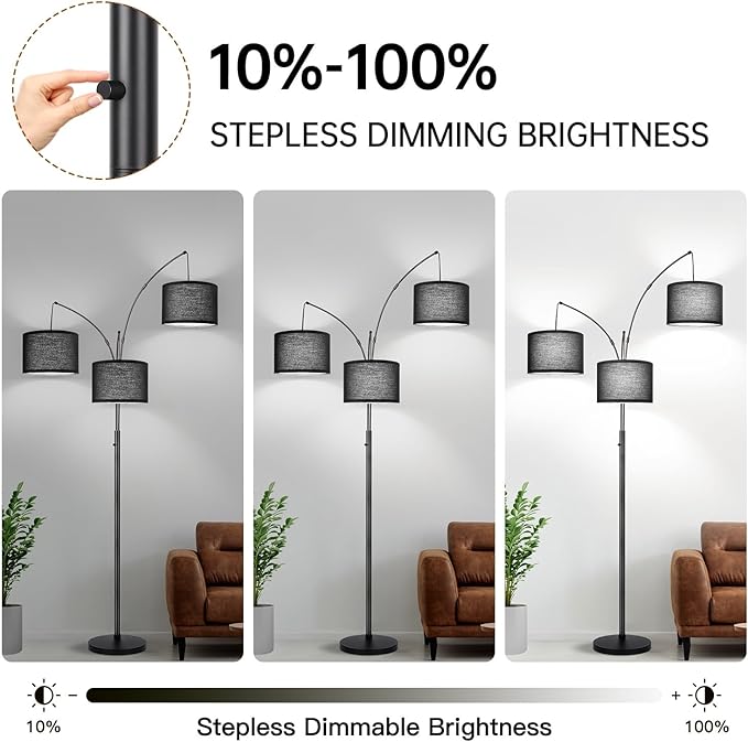 Dimmable Floor Lamp, 3 Light Arc Floor Lamp, Modern Tall Standing Tree Lamp with Black Shades & Heavy Base, 3000LM Cool White LED Bulbs, Bright Lighting for Living Room, Bedroom, Office & Reading