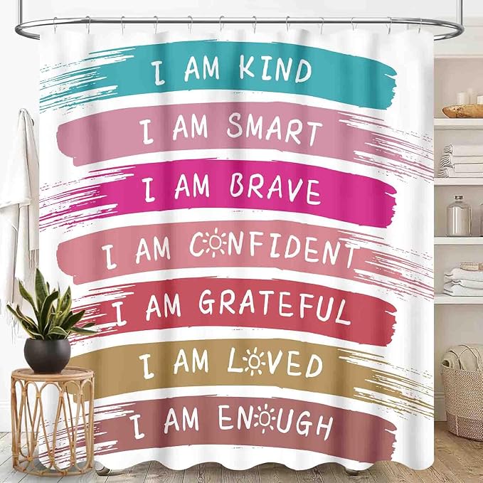 Rainbow Shower Curtain, Kids Girls Baby Boho Cute Inspirational Motivational Quotes Bohemian Cartoon Colorful Pastel Waterproof Fabric Bathroom Shower Curtain Set with Hooks, 72"x72" Inch
