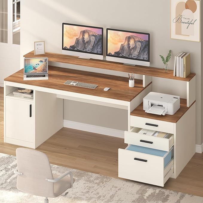 65 Inch Computer Desk with 3 Drawers & Storage Shelves, Executive Desk with File Drawer & Cabinet, Home Office Desk with Long Monitor Stand & Printer Shelf, Antique White