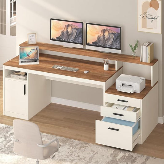 65 Inch Computer Desk with 3 Drawers & Storage Shelves, Executive Desk with File Drawer & Cabinet, Home Office Desk with Long Monitor Stand & Printer Shelf, Antique White