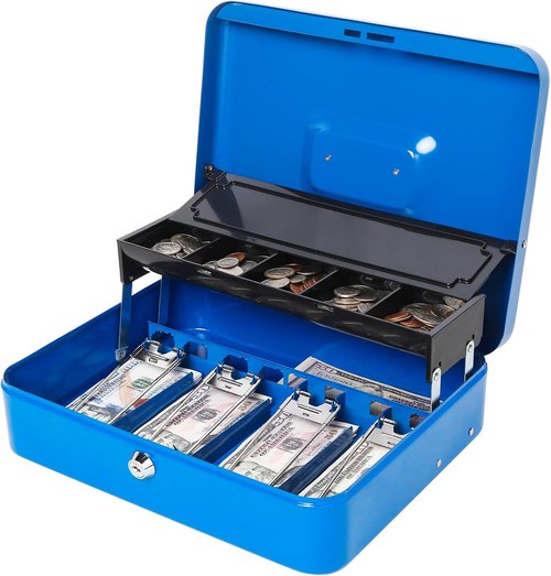Jssmst Locking Metal Cash Box - Secure Money Storage with Key Lock | 11.8L x 9.5W x 3.5H Inches, Blue