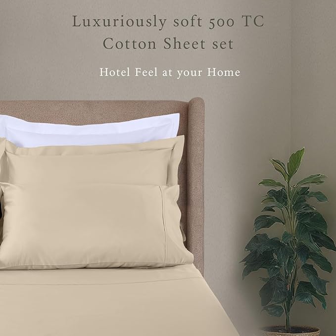 Threadmill - 5 Star Hotel Twin Sheet Set 100% Cotton Sheets, 500 Thread Count, Deep Pocket, Snug Fit, Soft & Crisp Best Bedding Sheets Set 3 Piece Set (Twin, Beige)