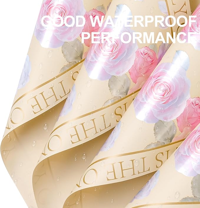 WRAPAHOLIC 20 Sheets Champagne Flower Wrapping Paper - 22.4 x 22.4 inch Rose Design Water-Resistant Floral Bouquet Wrapping Paper, Florist Supplies Packaging for Wedding Birthday Gift DIY