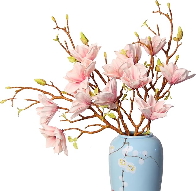 3pcs Artificial Magnolia Flower Branches, 31 Inch Long Stem Faux Floral, Premium Faux Bloom for Home Decor, Centerpieces, and Wedding Arrangements, Pink
