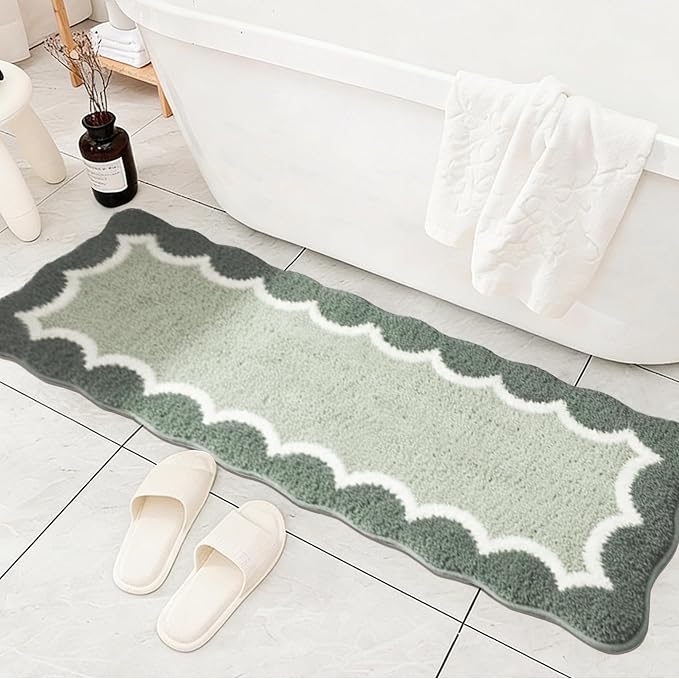 Scalloped Green Bathroom Rugs Mat,Non Slip Absorbent Quick Dry Bath Mats for Shower Room,Plush Microfiber Bath Rug for Bathroom Floor Washable Carpet for Shower Tub Sink Bedroom,17"x47"