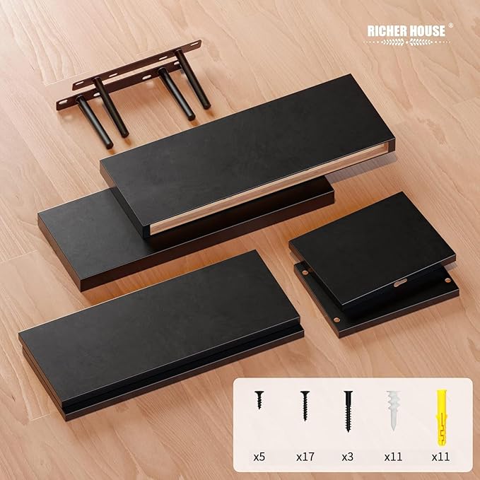 RICHER HOUSE Black Floating Shelves Set of 3, Modern Bathroom Shelves Wall Mounted Shelves for Wall Decor, Over Toilet Black Wall Shelves for Bathroom Bedroom, Living Room, Kitchen