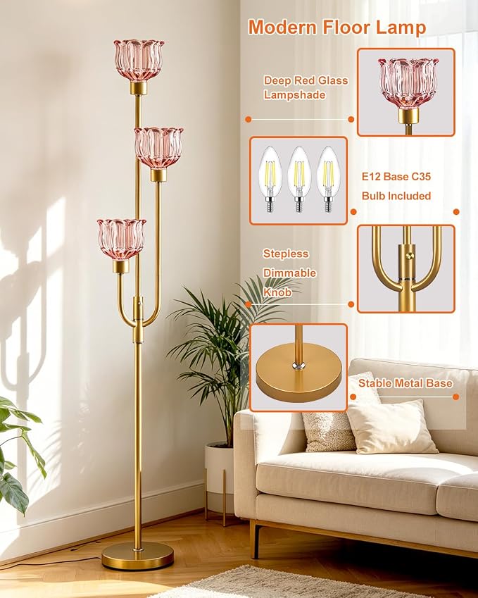 Lightdot 3-Lights Modern Glass Floor Lamp 66IN Gold Dimmable Floor Lamps with 3000K Warm White Bulbs for Wedding Party Tall Standing Lamp with Deep Red Glass Shade for Living Room/Bedroom/Home Decor