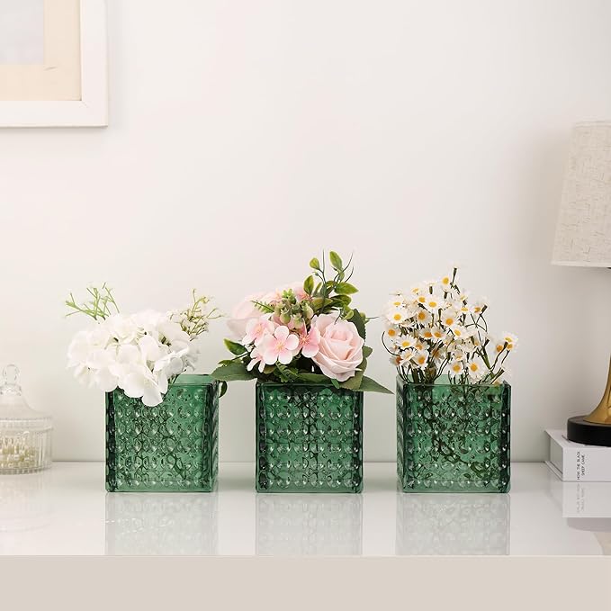 Square Vases Set of 6, 5" x 5" x 5" Square Glass Vases for Flowers, Green Flower Vase for Centerpieces, Small Bubble Vase for Wedding, Party, Home, Office, Parties, Events