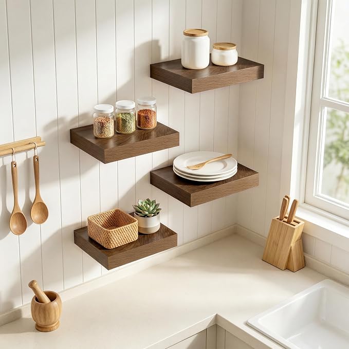 RICHFOCUS 8 Inch Floating Shelves for Wall Small Square Shelves Set for Bedroom|Kitchen|Bathroom|Laundry Room Rustic Wood Wall Mounted Shelf with Invisible Brackets for Books|Storage|Decor, Walnut