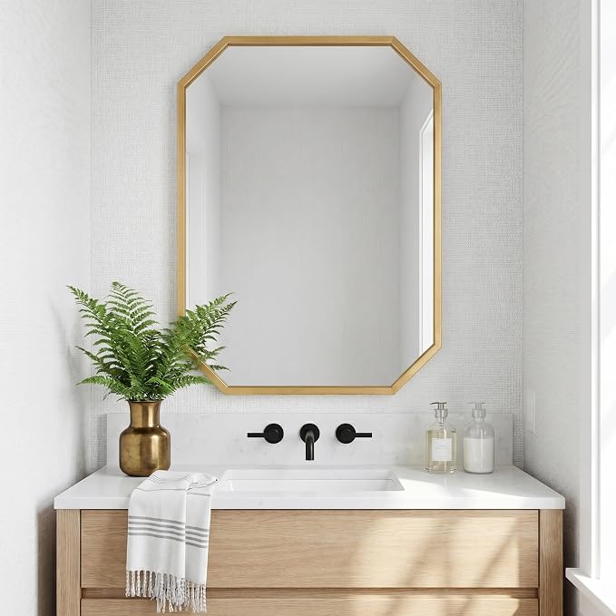 24 x 36 Inch Gold Octagon Wall Mirror, Modern Metal Framed Octagonal Bathroom Mirror, Decorative Wall Mounted Mirror for Vanity, Living Room, Bedroom & Entryway