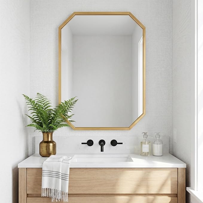 20 x 28 Inch Gold Octagon Wall Mirror, Modern Metal Framed Octagonal Bathroom Mirror, Decorative Wall Mounted Mirror for Vanity, Living Room, Bedroom & Entryway