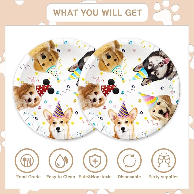 48Pcs Cute Dog Birthday Party Decorations Tableware Inculde Plates Napkins Forks for Birthday Pet Party and more party Serve 16 Guests