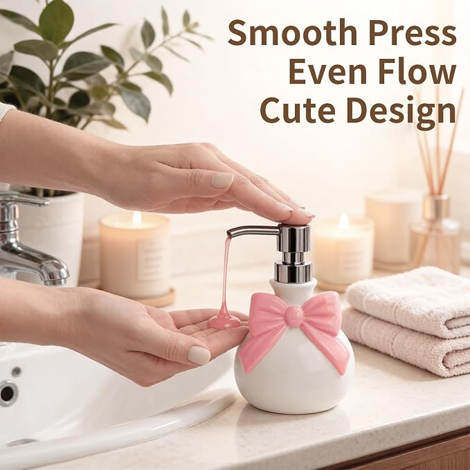 Pink Bathroom Accessories Ceramic Pink Bow Bathroom Set for Bathroom Vanity - Includes Tray, Soap Pump, Toothbrush Holder