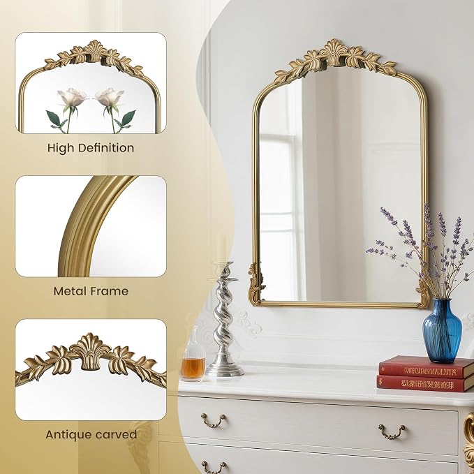 WallBeyond Gold Antique Mirror for Vanity 22x30 Inch, Gold Vintage Mirror with Ornate Frame, Arched Vintage Wall for Bathroom, Living Room, Fireplace