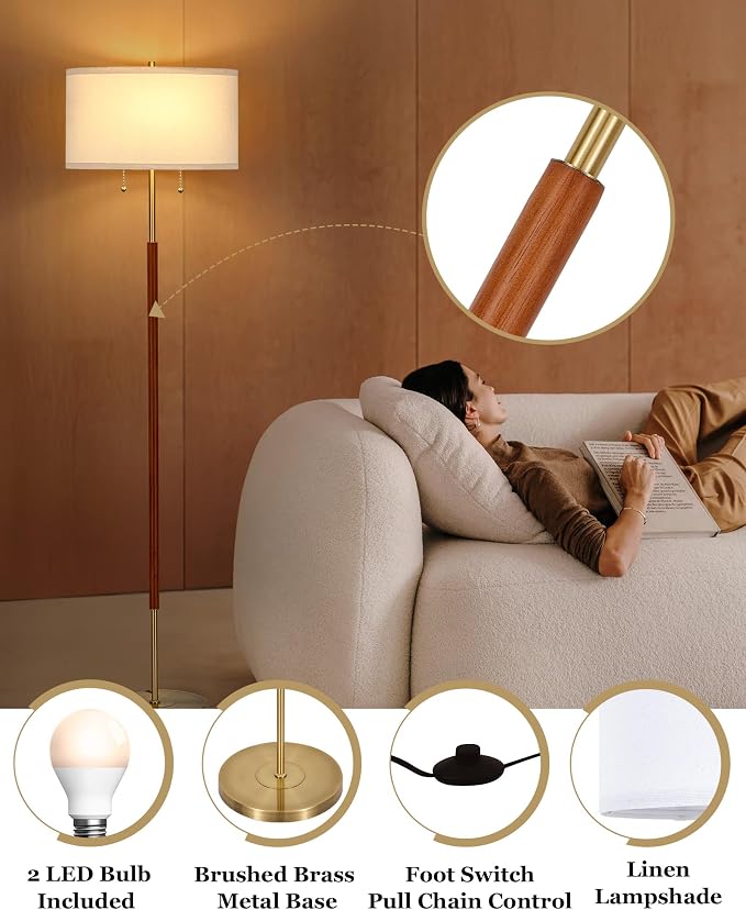 ELYONA Floor Lamp for Bedroom 2-Light Wood Standing Lamp White Fabric Shade Mid Century Modern Tall Pole Corner Light for Living Room Office 3 Color Temperatures 9W LED Bulbs Include, Brushed Brass