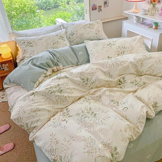 Garden Style Floral Duvet Cover Twin 3 Pieces Vintage Cottagecore Bedding Set 100% Cotton Botanical Floral Comforter Cover for Girls Women Chic Flower Leaves Plants Pattern Farmhouse Bedding Set