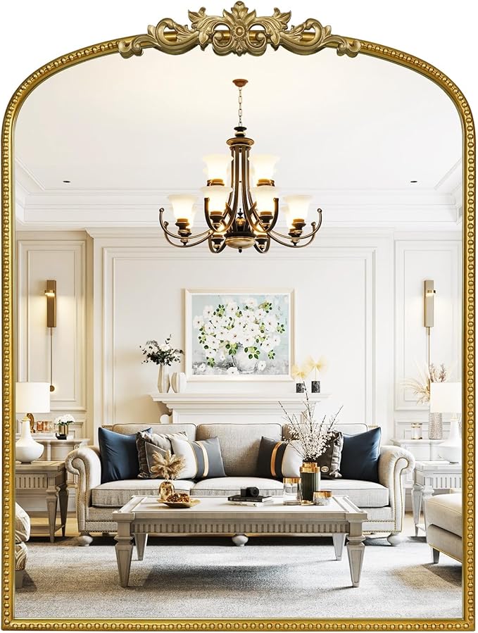 WallBeyond Gold Vintage Mirror for Vanity 24x32 Inch, Gold Antique Mirror with Ornate Frame, Arched Vintage Wall for Bathroom, Living Room, Fireplace, Entryway