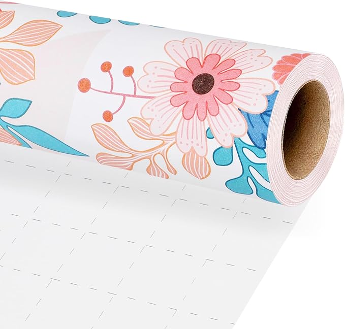 BIOBROWN Kraft Floral Wrapping Paper Roll - 17 Inches X 33 Feet (47 sq. ft. ttl.) Pink Pastel Daisy Design Flower Gift Wrap for Wedding, Bridal Shower, Birthday
