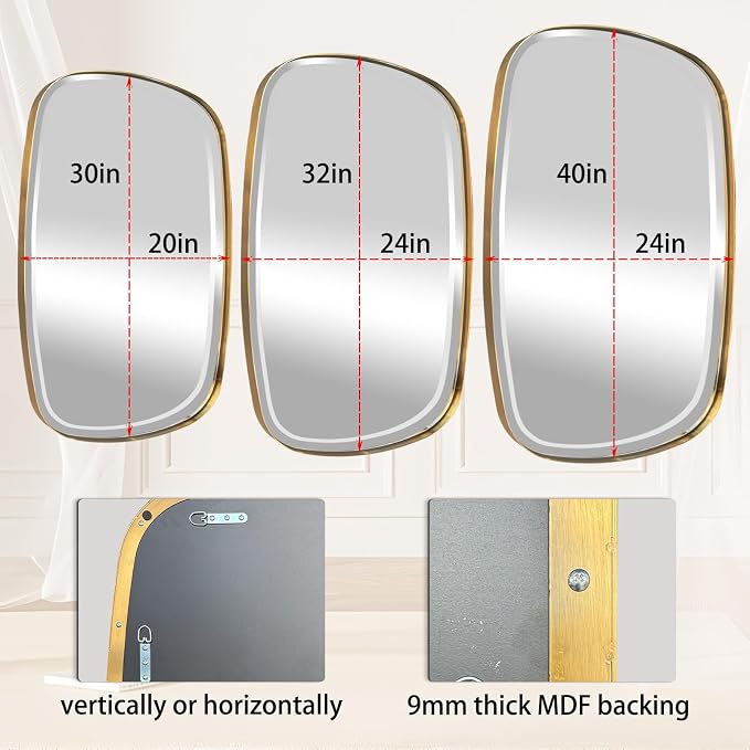 POZINO Bathroom Beveled Mirror, 32"x24" Brushed Gold Vanity Mirrors with Stainless Steel Frame, Rectangle Aesthetic Wall Mirror for Entryway Hallway Bedroom Living Room, Horizontal or Vertical Hanging