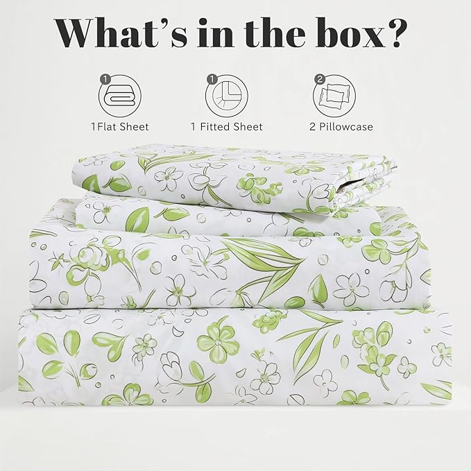 Bedlifes King Size Extra Deep Pocket Sheet Sets - Fits Mattresses Up to 18-24" Thick, 4-Piece Microfiber Set with 1800 Thread Count, Soft, Smooth, Breathable, Featuring Cute Printed Green Floral