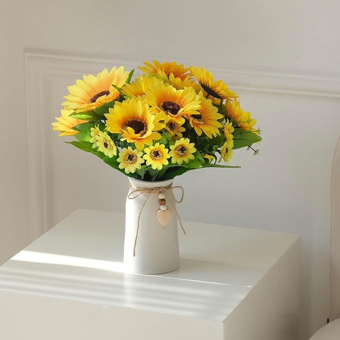 Artificial Sunflower Arrangement in Cream Vase, Silk Fake Flowers in Vase with Jute Rope & Heart Charm, Table Centerpieces for Dining Room, Kitchen and Table Décor