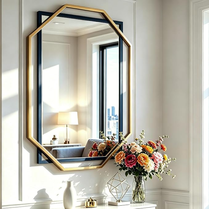 Bathroom Mirror, 40" x 28" Decorative Wall Mirror for Wall, Black and Gold Frame, Modern Metal Octagonal, for Living Room, Dining Room, Entryway