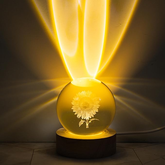 3D Laser Etched Sunflower Crystal Ball, Sunflower Decor Glass Sphere Lamp Night Light, Crystal Flower Figurines Collectibles Gifts for Mom Women Girls