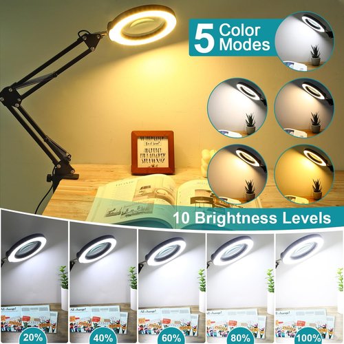 Seylae 10X Magnifying Glass with Light - 2-in-1 Desk Lamp & Clamp Light | 5 Color Modes, Dimmable LED