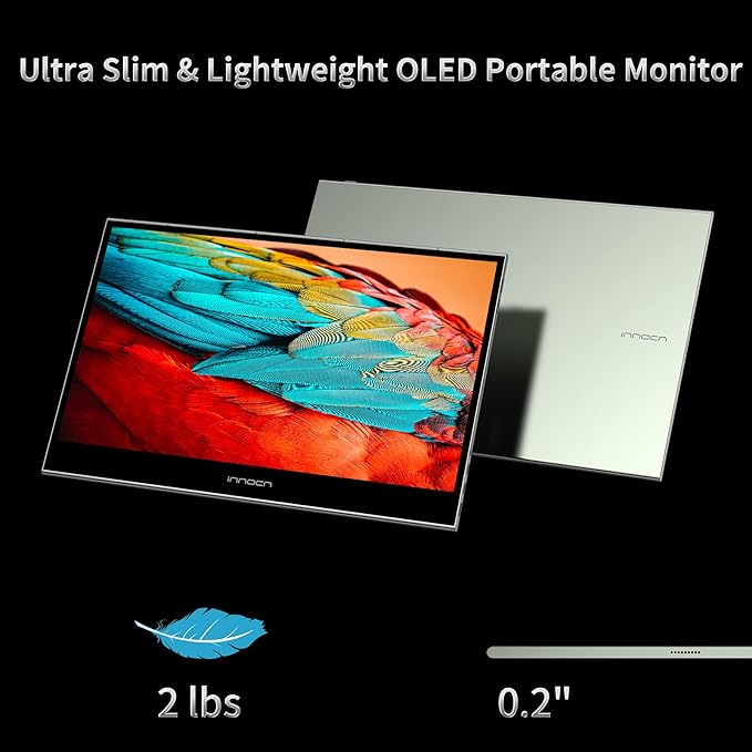 INNOCN Portable Monitor 13.3" OLED 1080P 100% DCI-P3 1MS 100000:1 USB C Plug Play Second Travel Computer Display Mini HDMI Photo Video Editing for Laptop MacBook PC Console