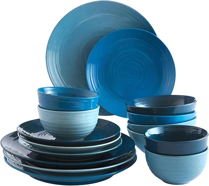 Sango Siterra Artist's Blend 16-Piece Stoneware Dinnerware Set – Service for 4, Ocean Blue Glossy Glaze with Unique Speckled Design, for Everyday Dining & Entertainment, Microwave & Dishwasher Safe