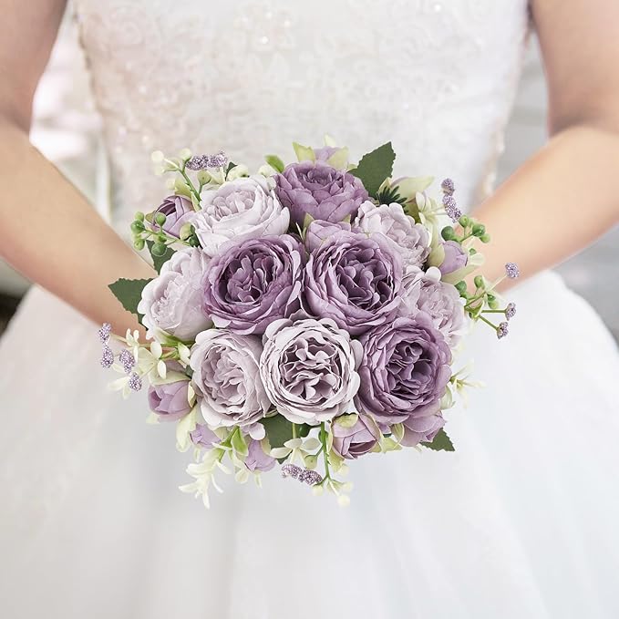 Mkono Peonies Artificial Flowers, Small Silk Flowers for Home Decor Indoor Fake Bouquet Faux Floral Arrangements Dining Table Centerpieces for Kitchen Bridal Wedding Party Decor Purple