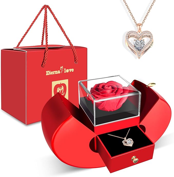 Preserved Flower Red Rose with Heart Necklace, Gifts for Mom, Girlfriend, Women, Wife, Grandma on Christmas, Valentine's Day, Mother's Day, Birthday, Anniversary, Thanksgiving