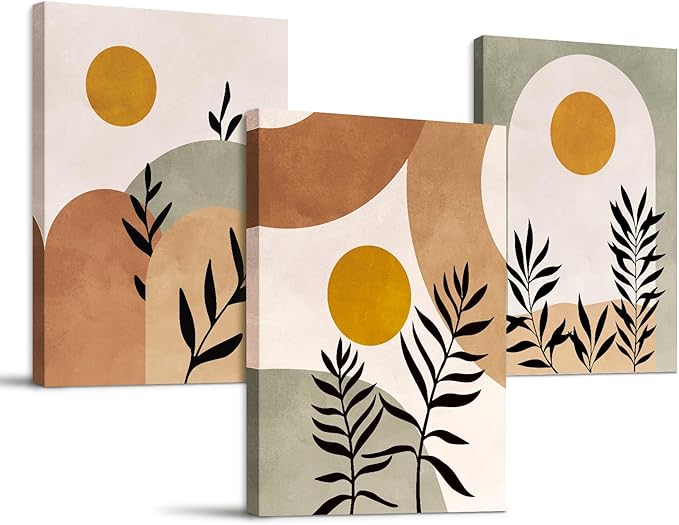 SERIMINO Botanical Wall Art, Boho Canvas Wall Decor for Living Room, Set of 3, Minimalist Orange Sun Artwork Paintings Wall Decor for Bedroom, Office,12 x16 inch