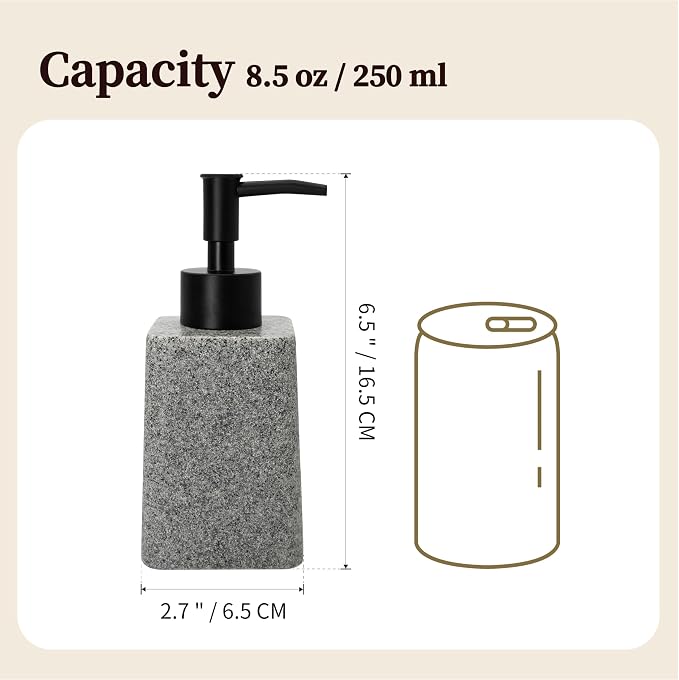 Bathroom & Kitchen Countertop Soap Dispenser, Modern Sandstone-Look Resin Bottle with ABS Pump, Durable Shatter-Resistant 8.5 oz Dispenser (Grey)